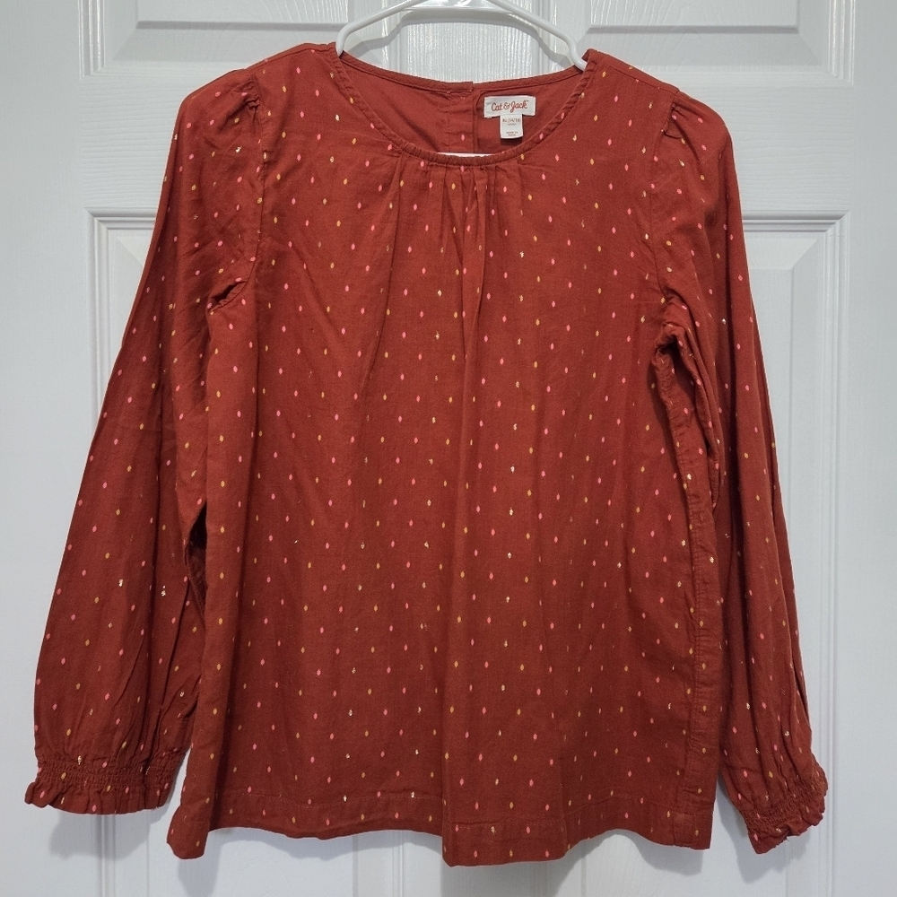Cat & Jack Burnt Orange Metallic Dot Long Sleeve Peasant Top Size XL 14/16